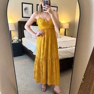 Charm and Charisma Mustard Yellow Burnout Floral Midi Dress